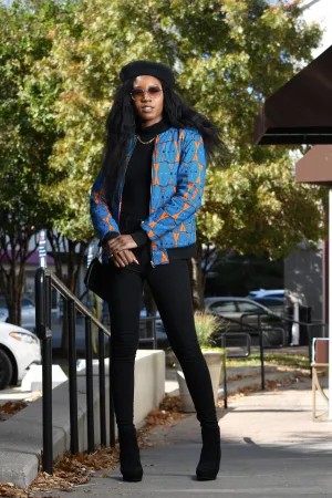 African Print Reversible Bomber Jacket - Blue