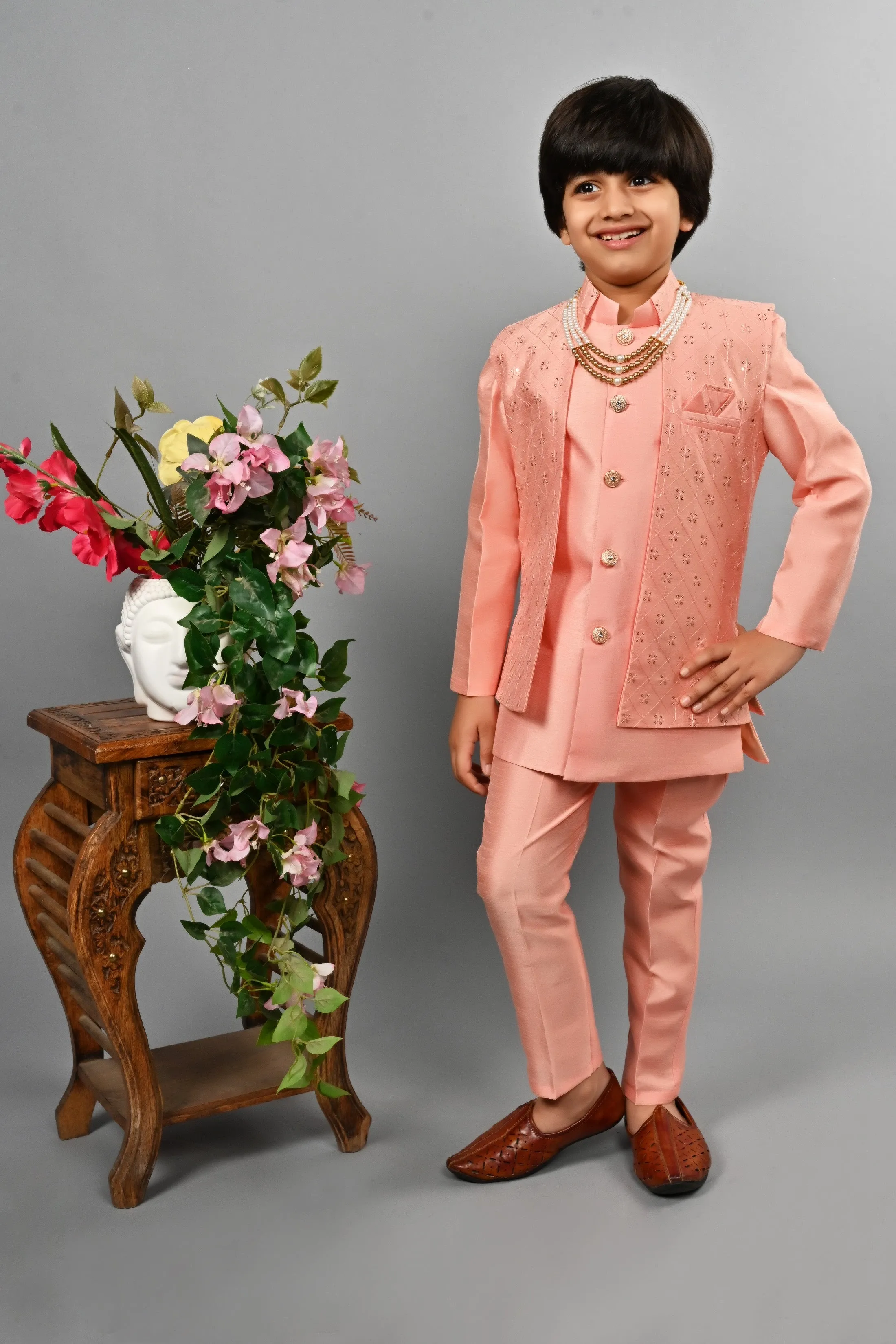Ahhaaaa Kids Ethnic Silk Blend Indo-Western Sherwani Set For Boys