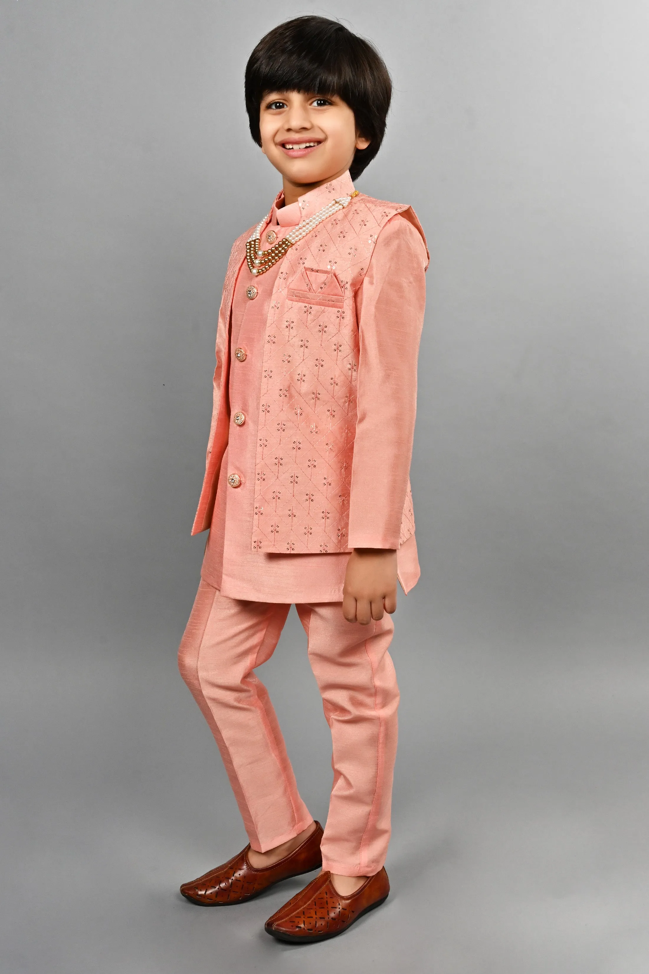 Ahhaaaa Kids Ethnic Silk Blend Indo-Western Sherwani Set For Boys