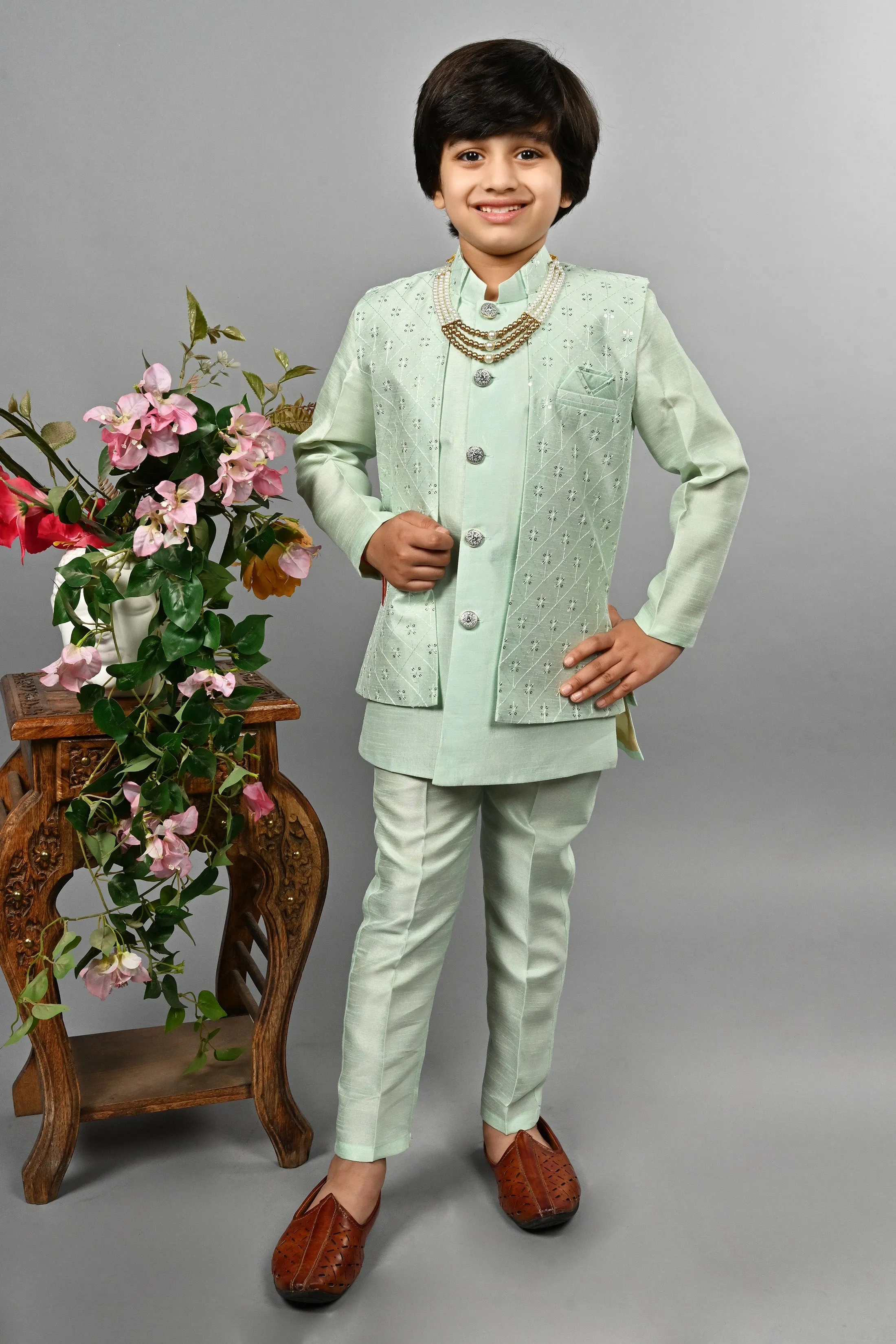 Ahhaaaa Kids Ethnic Silk Blend Indo-Western Sherwani Set For Boys