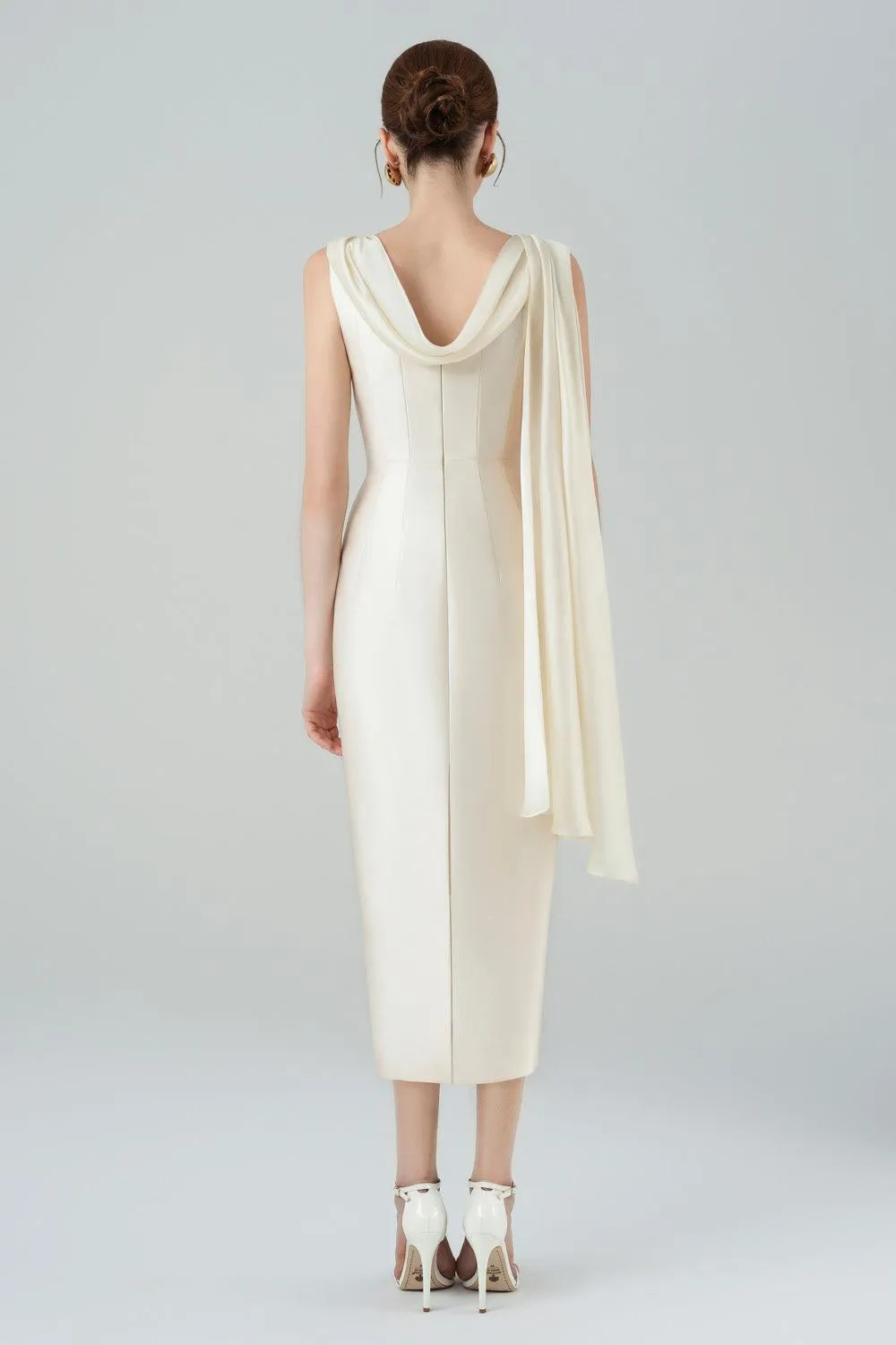Angelica Pegged Cowl Neck Taffeta Midi Dress