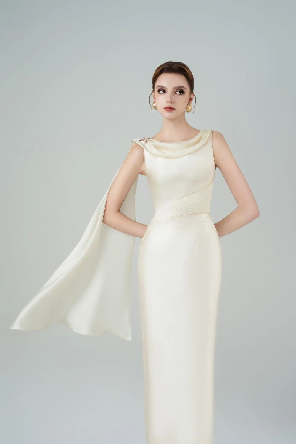Angelica Pegged Cowl Neck Taffeta Midi Dress