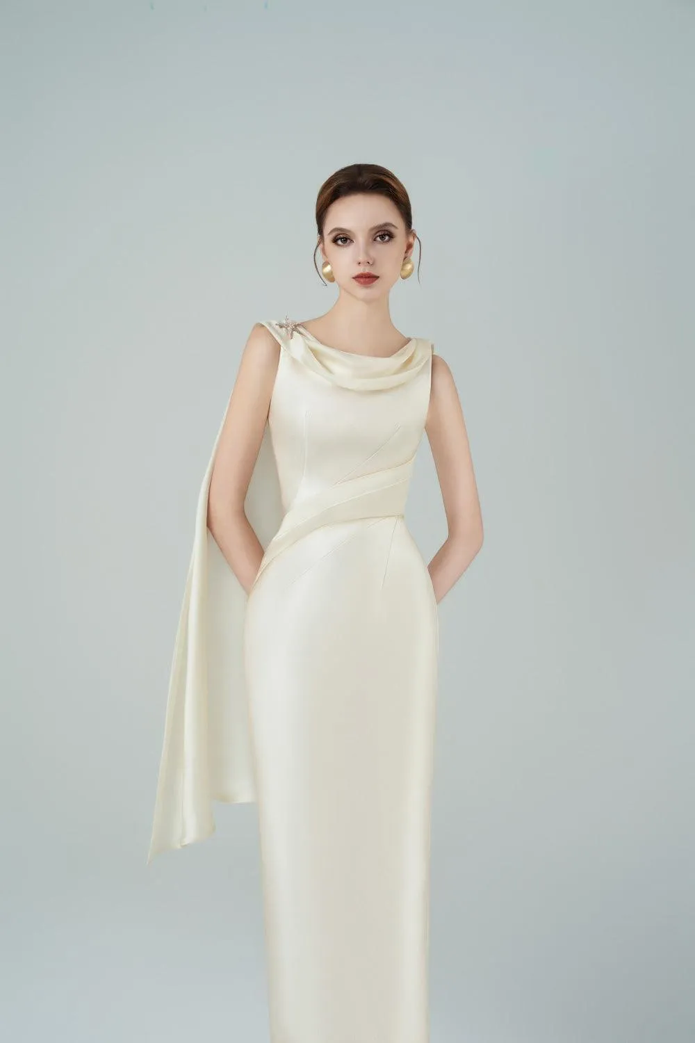 Angelica Pegged Cowl Neck Taffeta Midi Dress