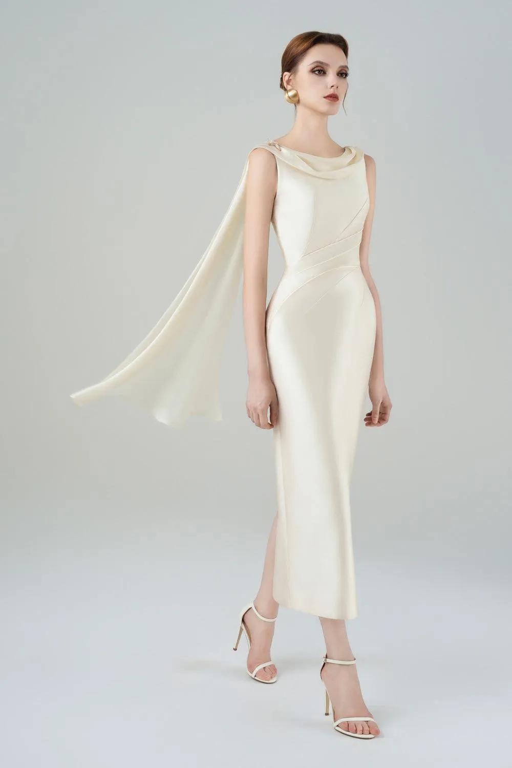 Angelica Pegged Cowl Neck Taffeta Midi Dress