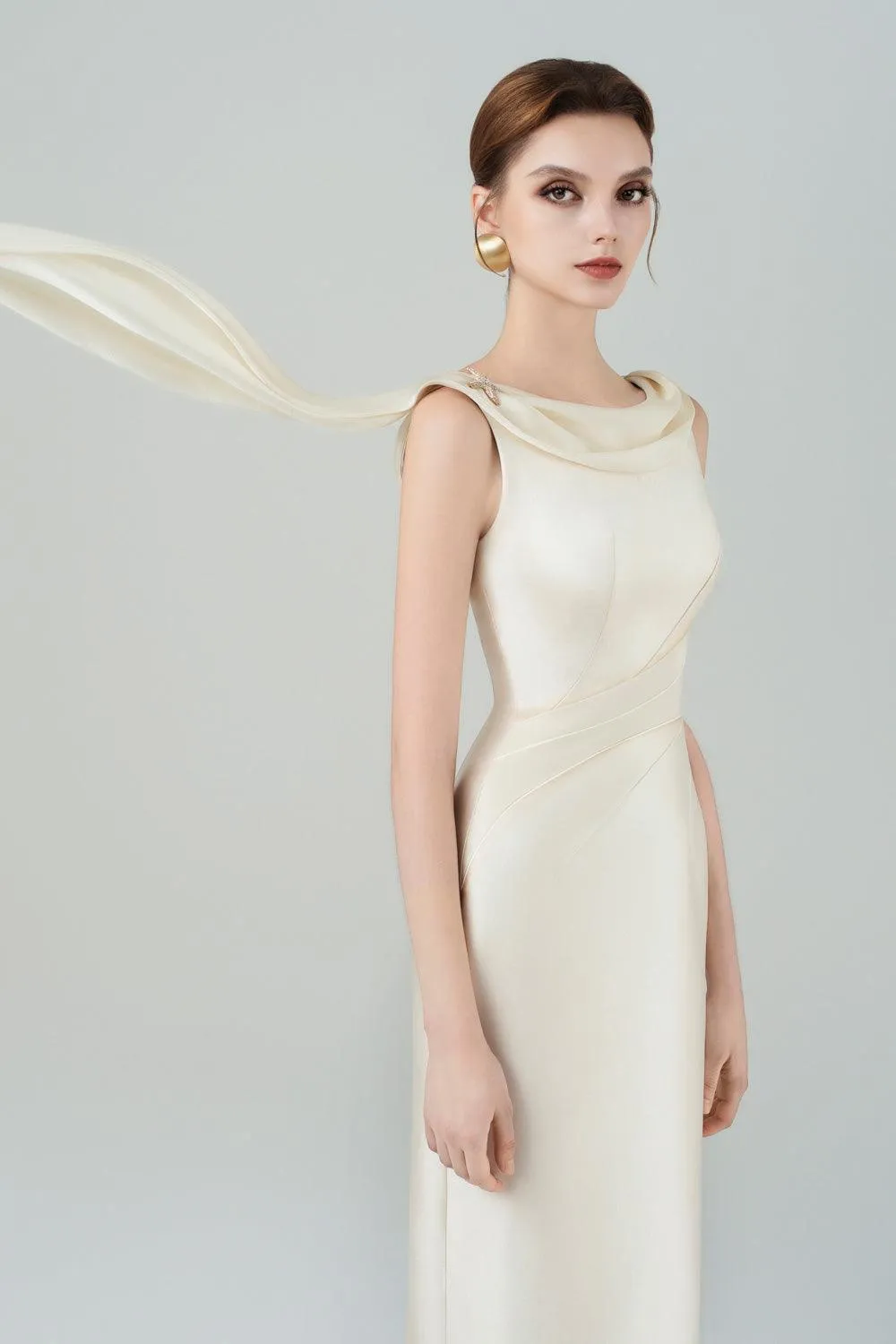 Angelica Pegged Cowl Neck Taffeta Midi Dress