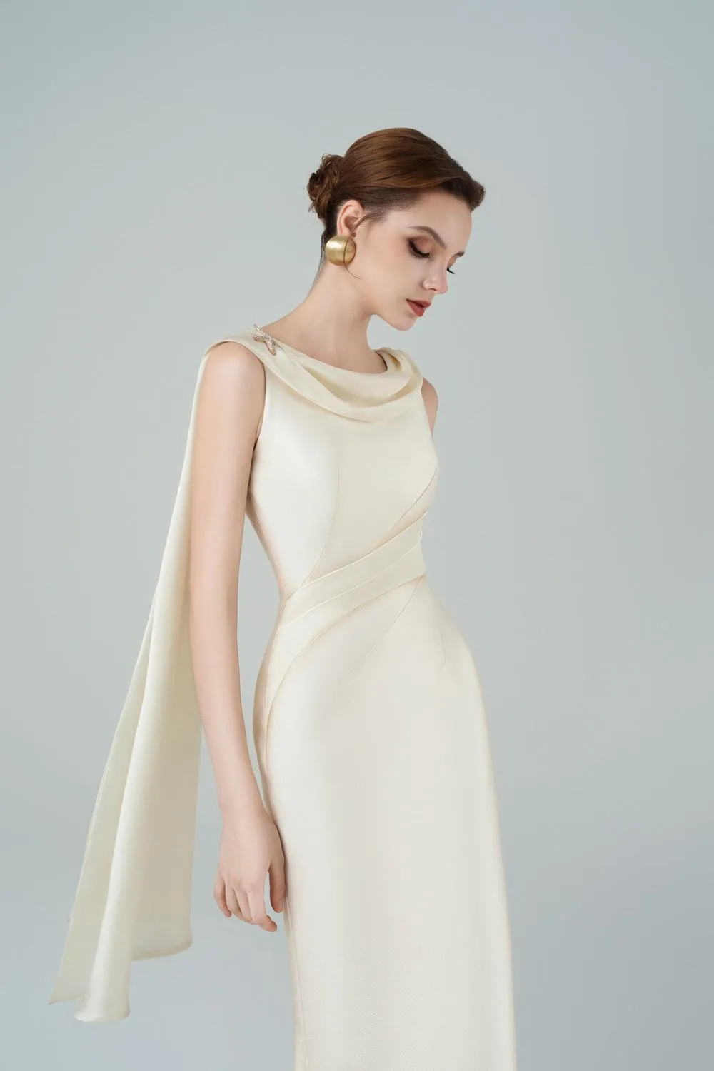 Angelica Pegged Cowl Neck Taffeta Midi Dress