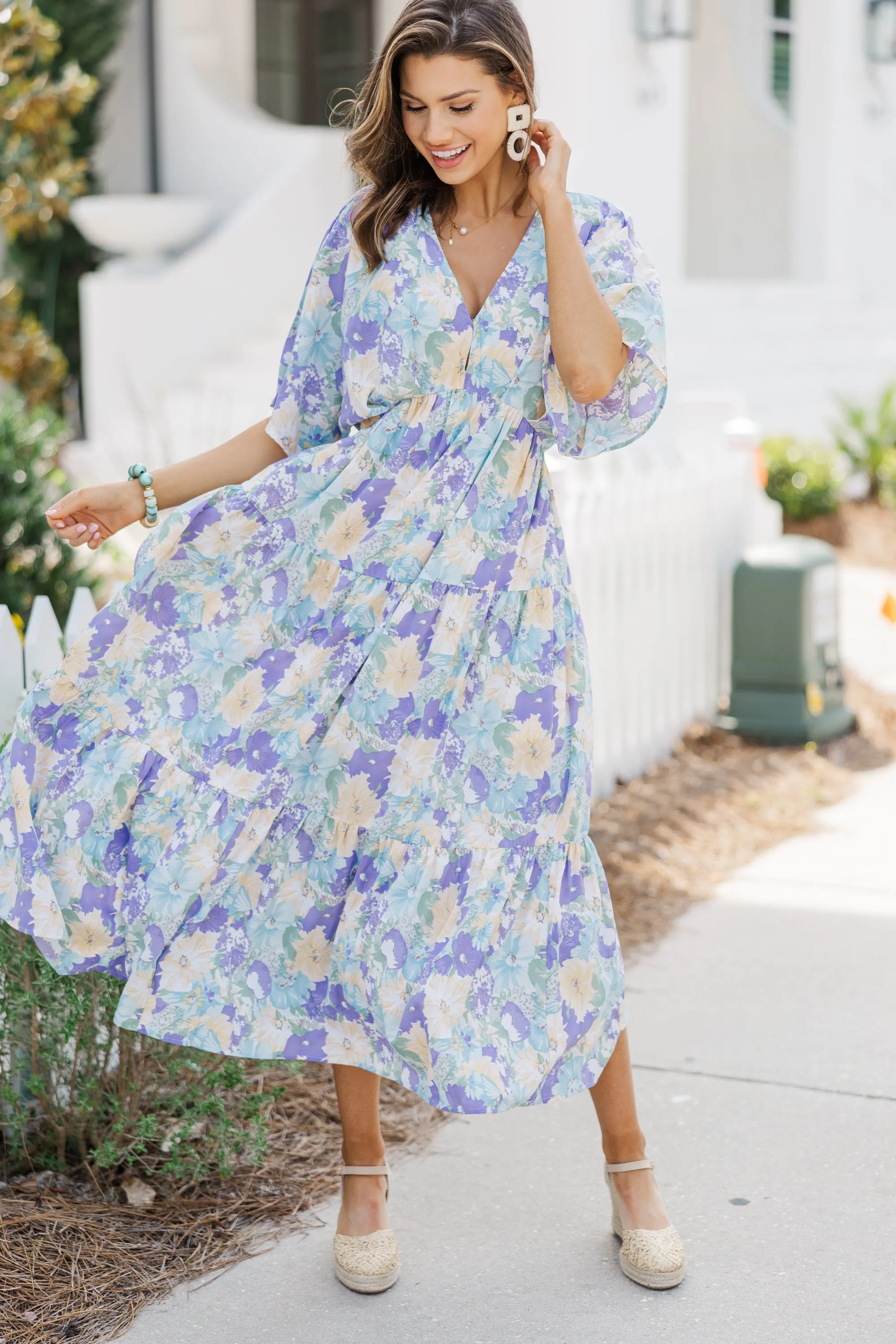 At This Time Light Blue Floral Midi Dress