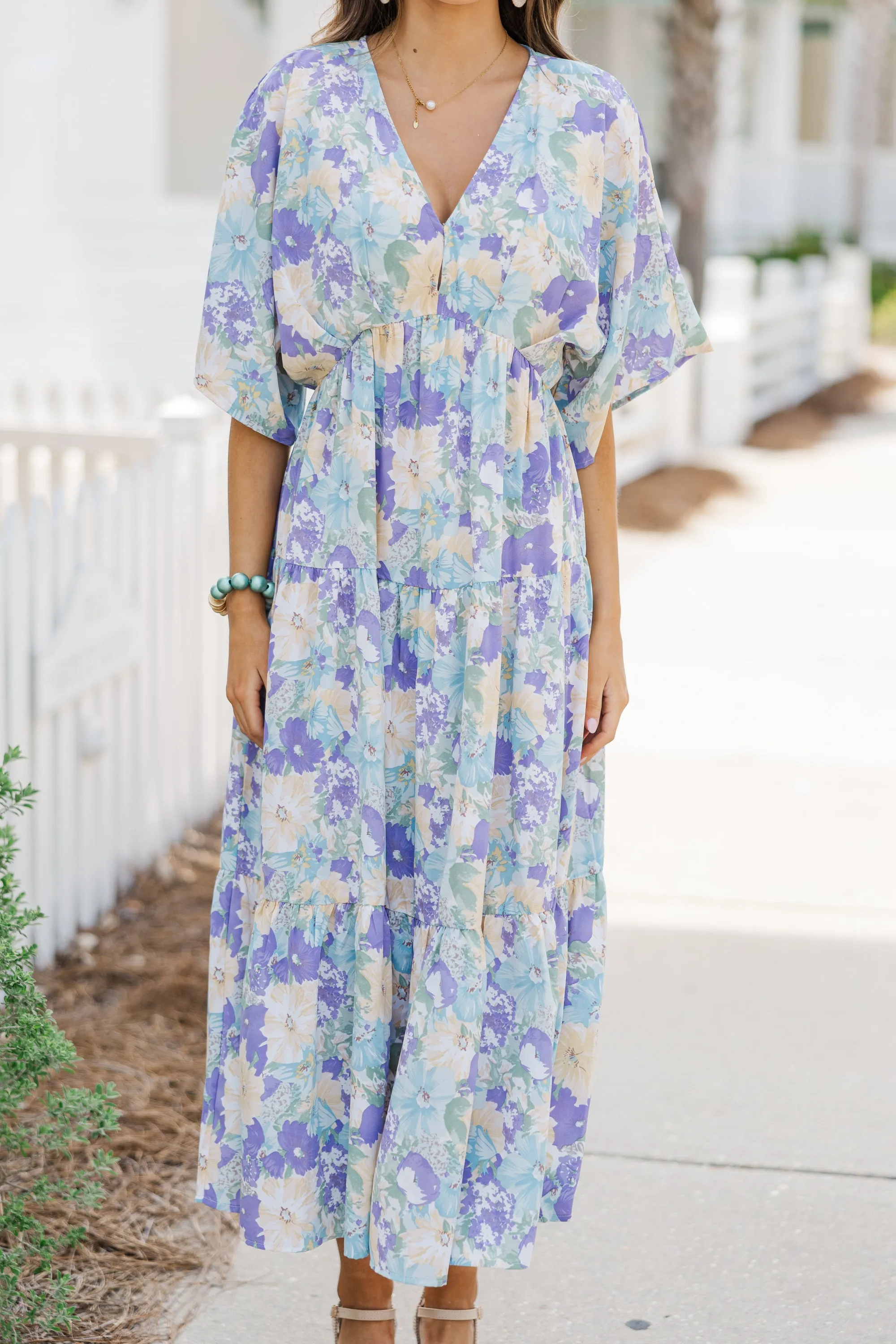 At This Time Light Blue Floral Midi Dress