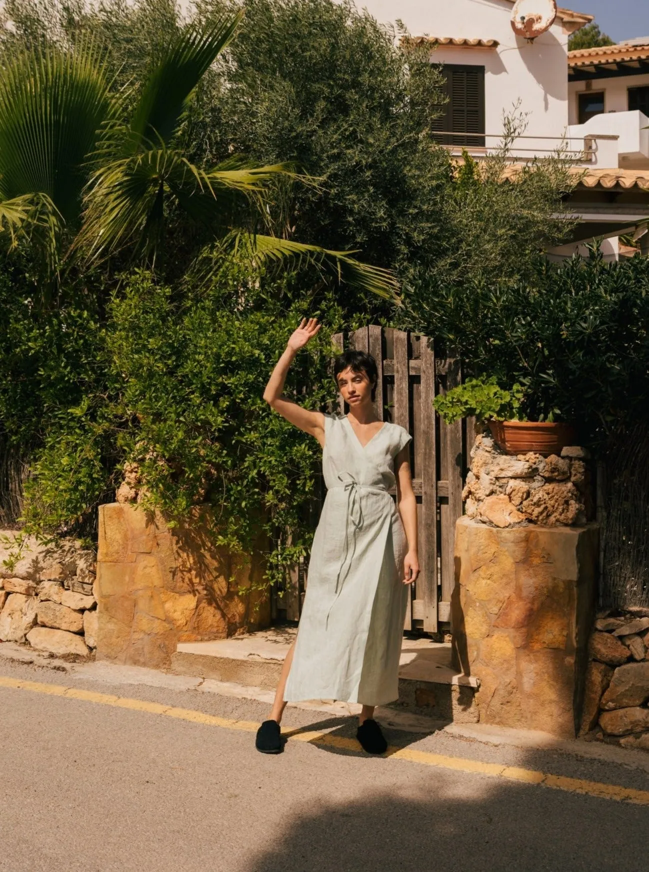 Aurora Mid-Length Linen Dress - Sage Green