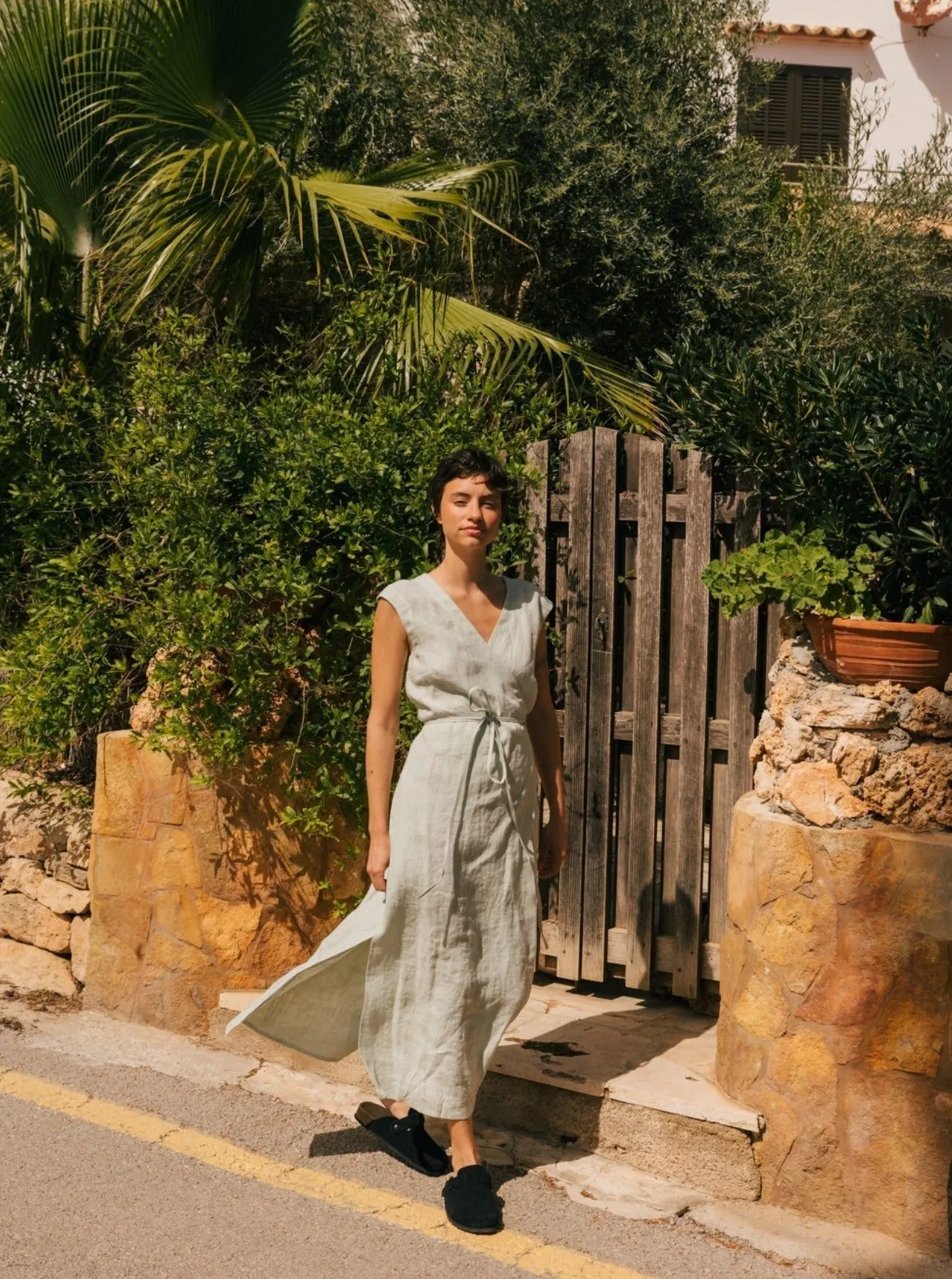 Aurora Mid-Length Linen Dress - Sage Green