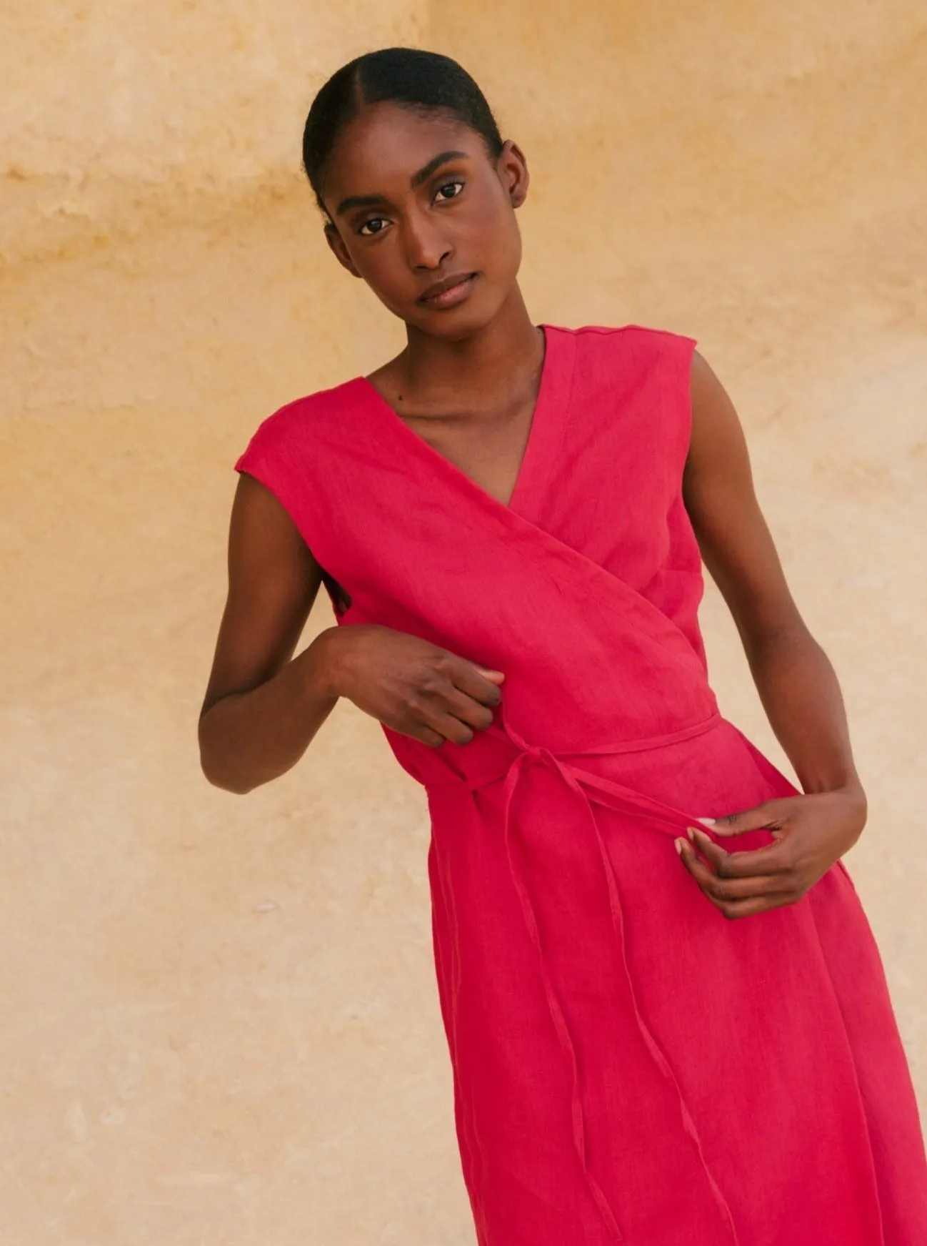 Aurora Mid-Length Linen Dress - Viva Magenta