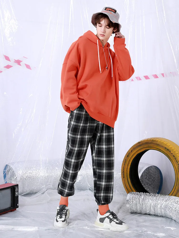 Black and white plaid drawstring tape loose straight leg leg casual pants
