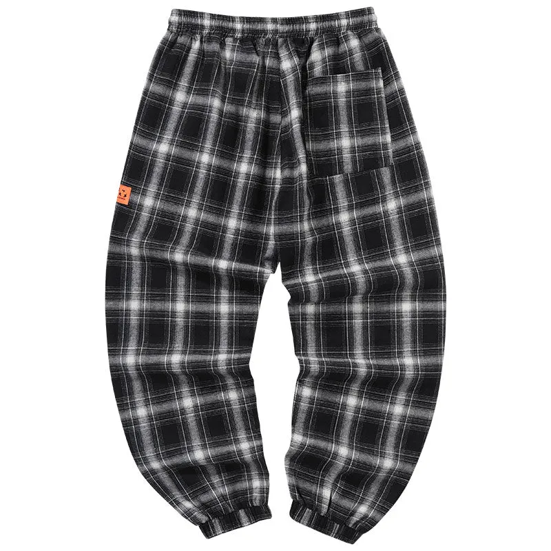 Black and white plaid drawstring tape loose straight leg leg casual pants