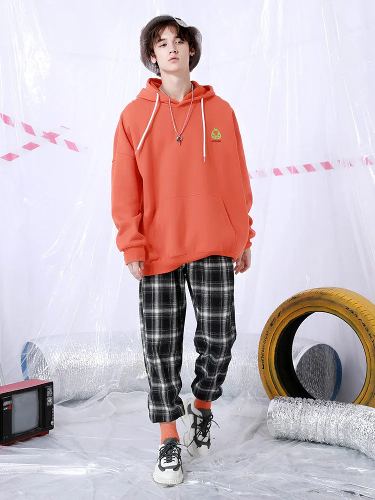 Black and white plaid drawstring tape loose straight leg leg casual pants