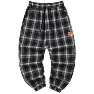 Black and white plaid drawstring tape loose straight leg leg casual pants