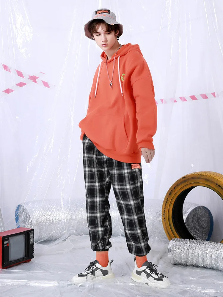 Black and white plaid drawstring tape loose straight leg leg casual pants