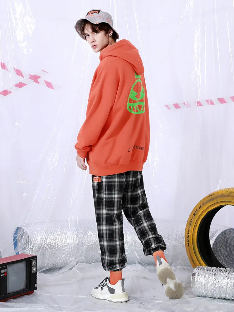 Black and white plaid drawstring tape loose straight leg leg casual pants