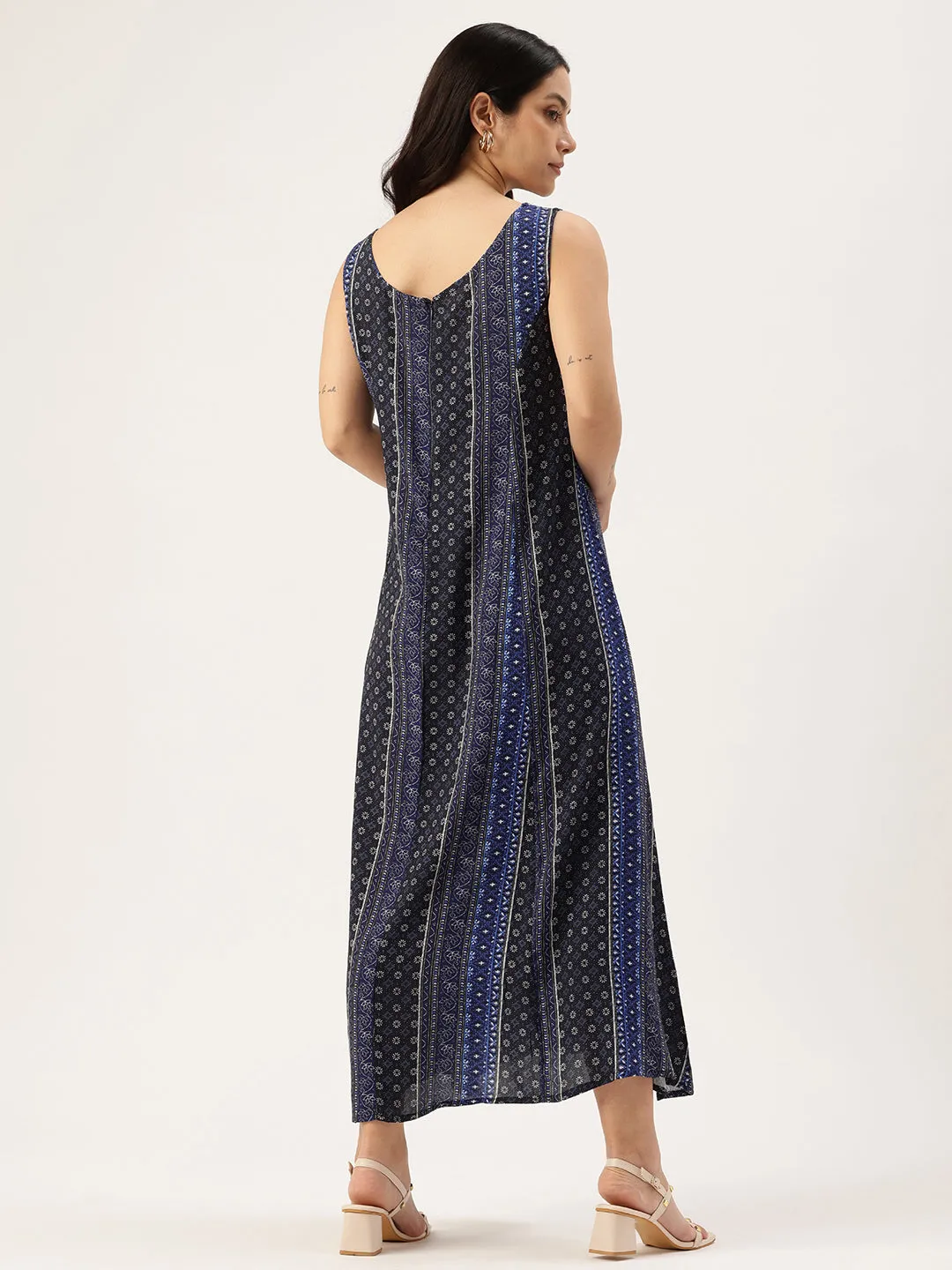 Blue Ethnic Motifs Printed A-Line Midi Dress
