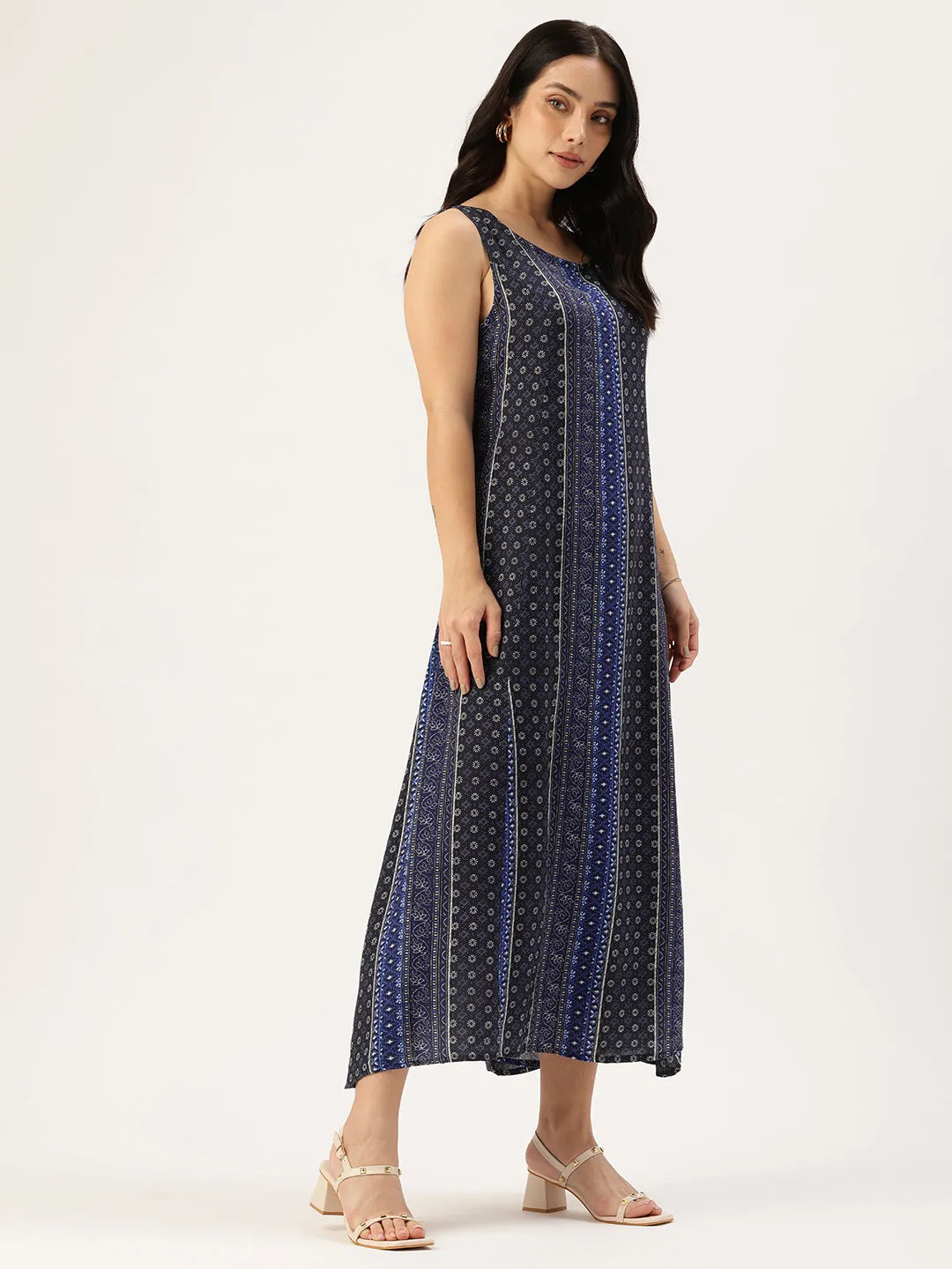 Blue Ethnic Motifs Printed A-Line Midi Dress