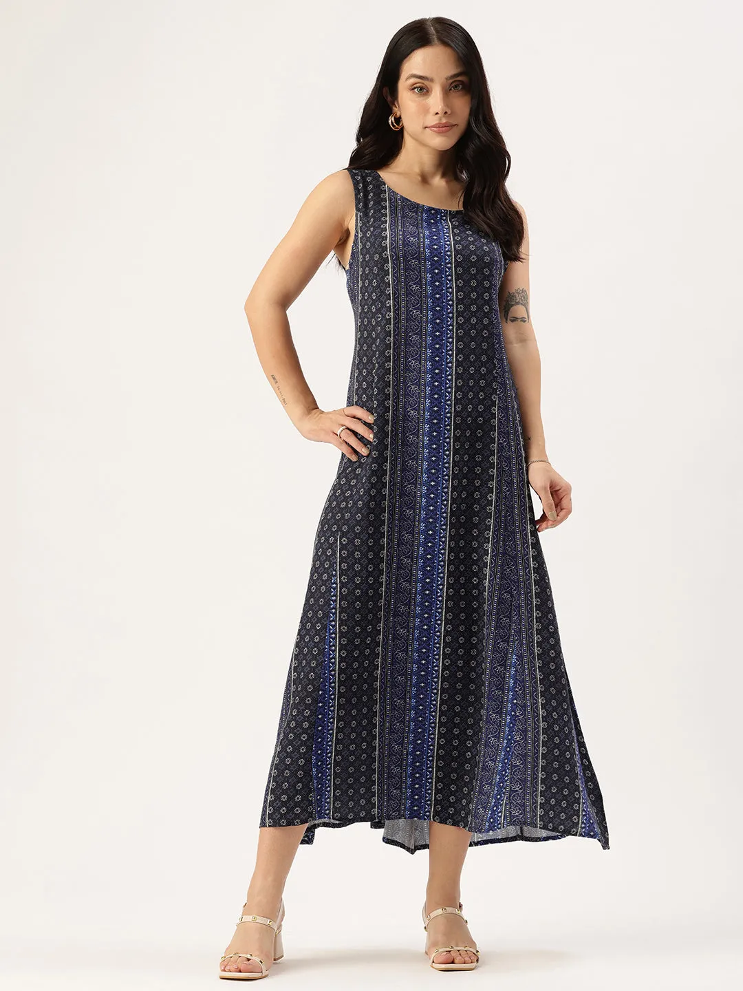 Blue Ethnic Motifs Printed A-Line Midi Dress