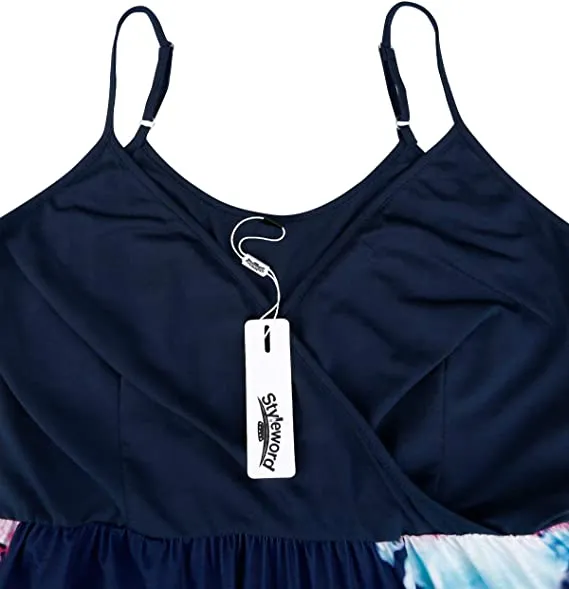 Blue Floral Pink V Neck Floral Spaghetti Strap Summer Dress Casual Swing Midi Sundress with Pocket - STYLEWORD
