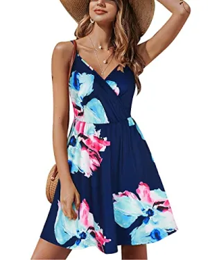 Blue Floral Pink V Neck Floral Spaghetti Strap Summer Dress Casual Swing Midi Sundress with Pocket - STYLEWORD
