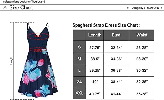 Blue Floral Pink V Neck Floral Spaghetti Strap Summer Dress Casual Swing Midi Sundress with Pocket - STYLEWORD