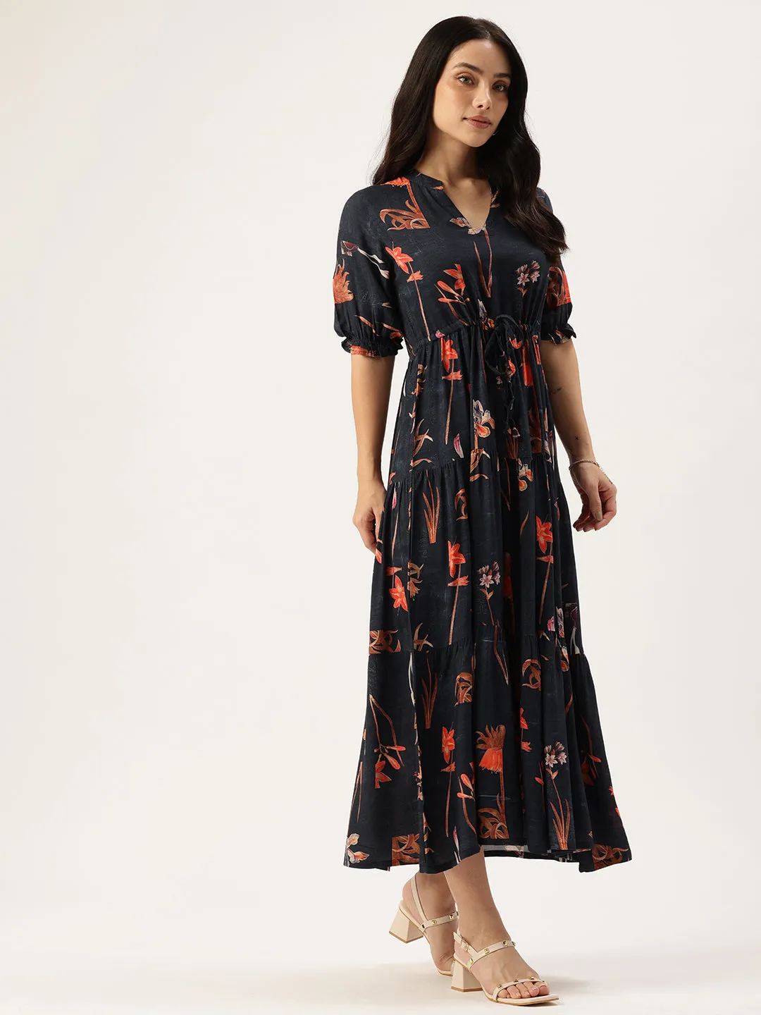 Blue Floral Printed Mandarin Collar Puff Sleeves A-Line Midi Dress