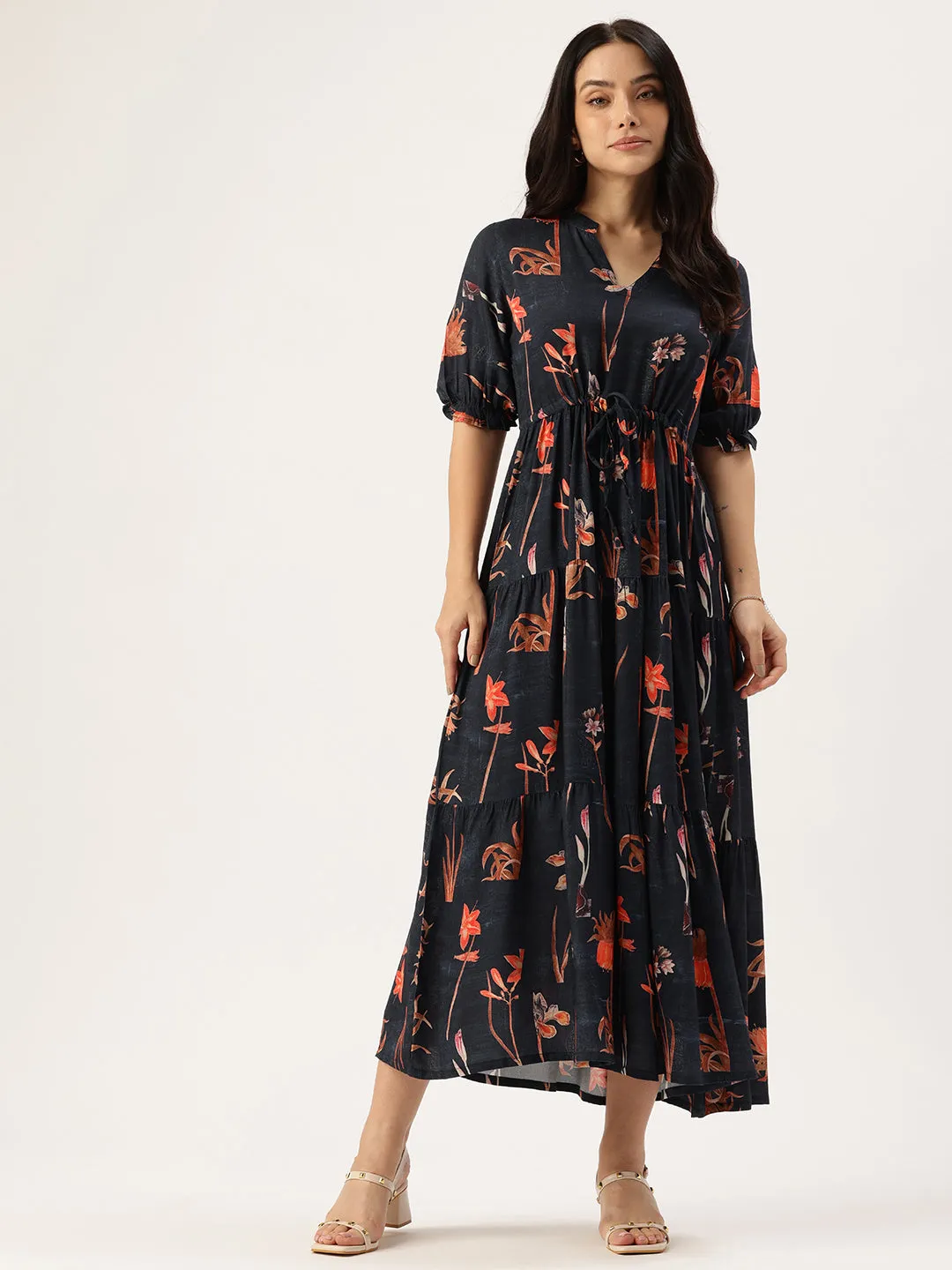 Blue Floral Printed Mandarin Collar Puff Sleeves A-Line Midi Dress