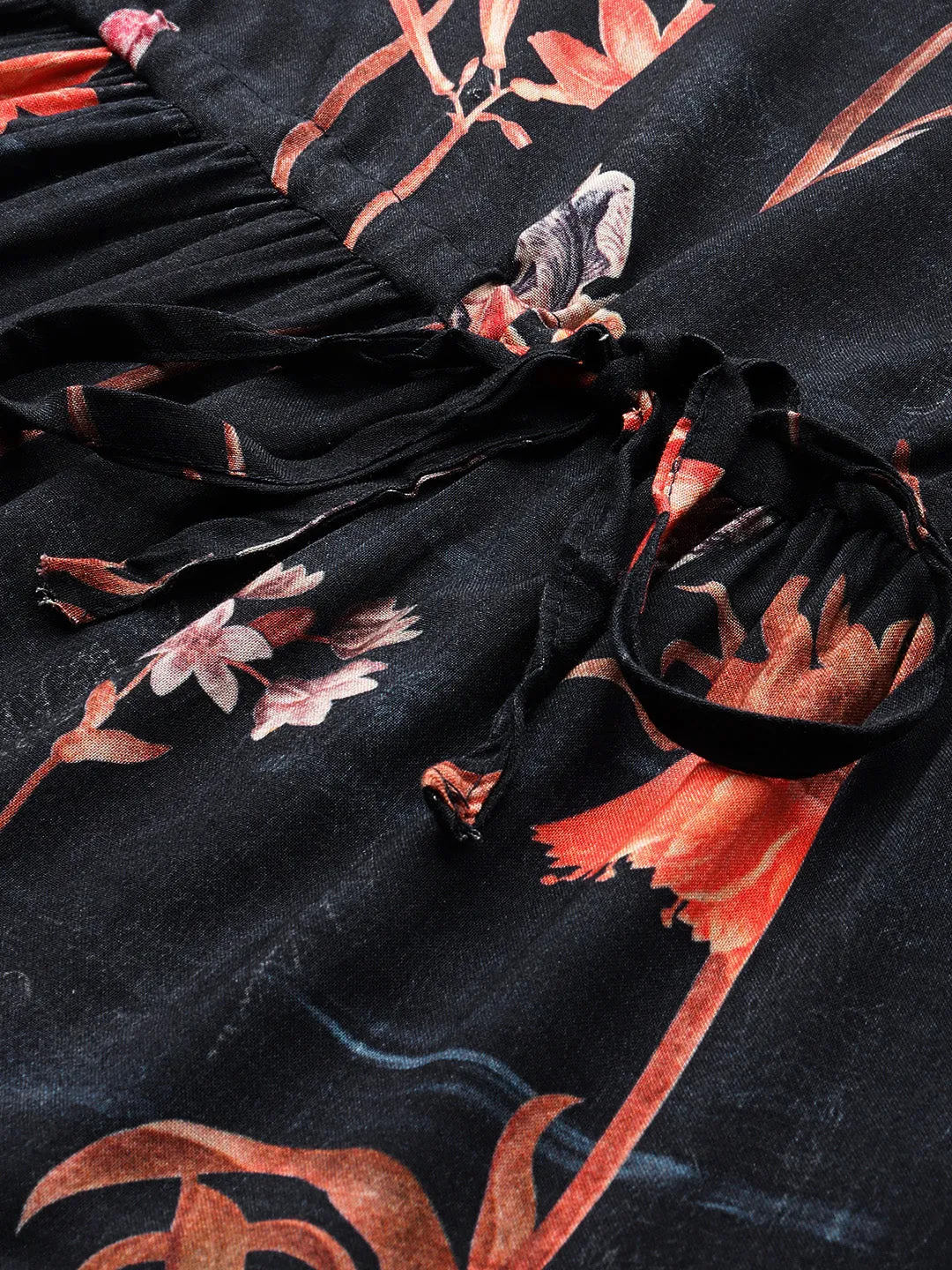Blue Floral Printed Mandarin Collar Puff Sleeves A-Line Midi Dress