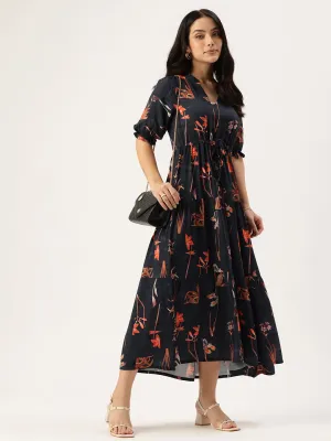 Blue Floral Printed Mandarin Collar Puff Sleeves A-Line Midi Dress