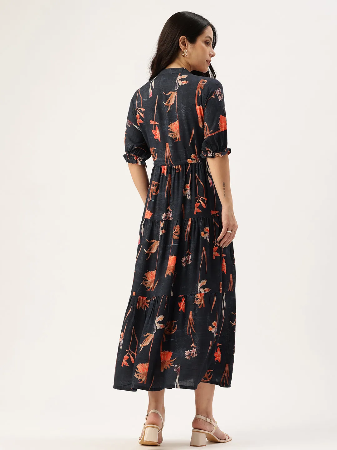 Blue Floral Printed Mandarin Collar Puff Sleeves A-Line Midi Dress