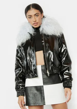 Blue Mongolian Fur Collar Leather Bomber Jacket