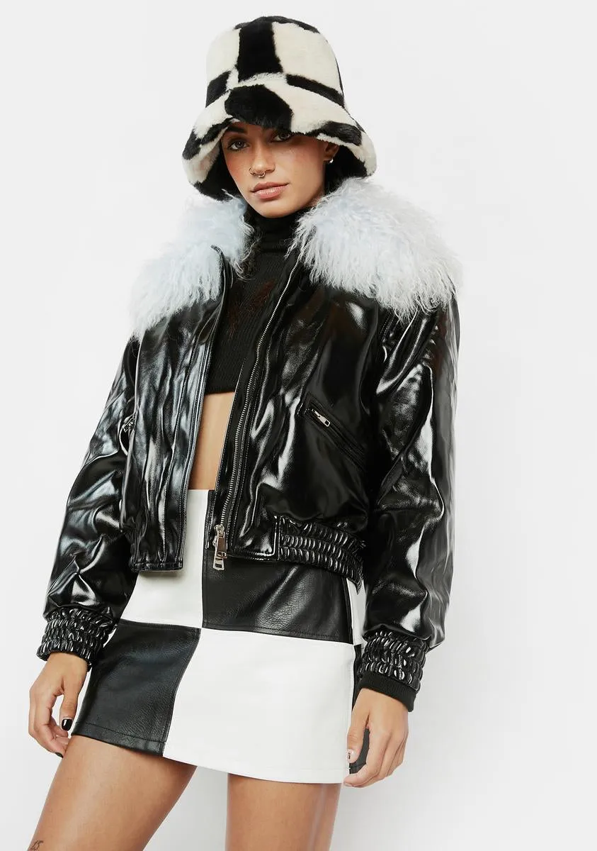 Blue Mongolian Fur Collar Leather Bomber Jacket