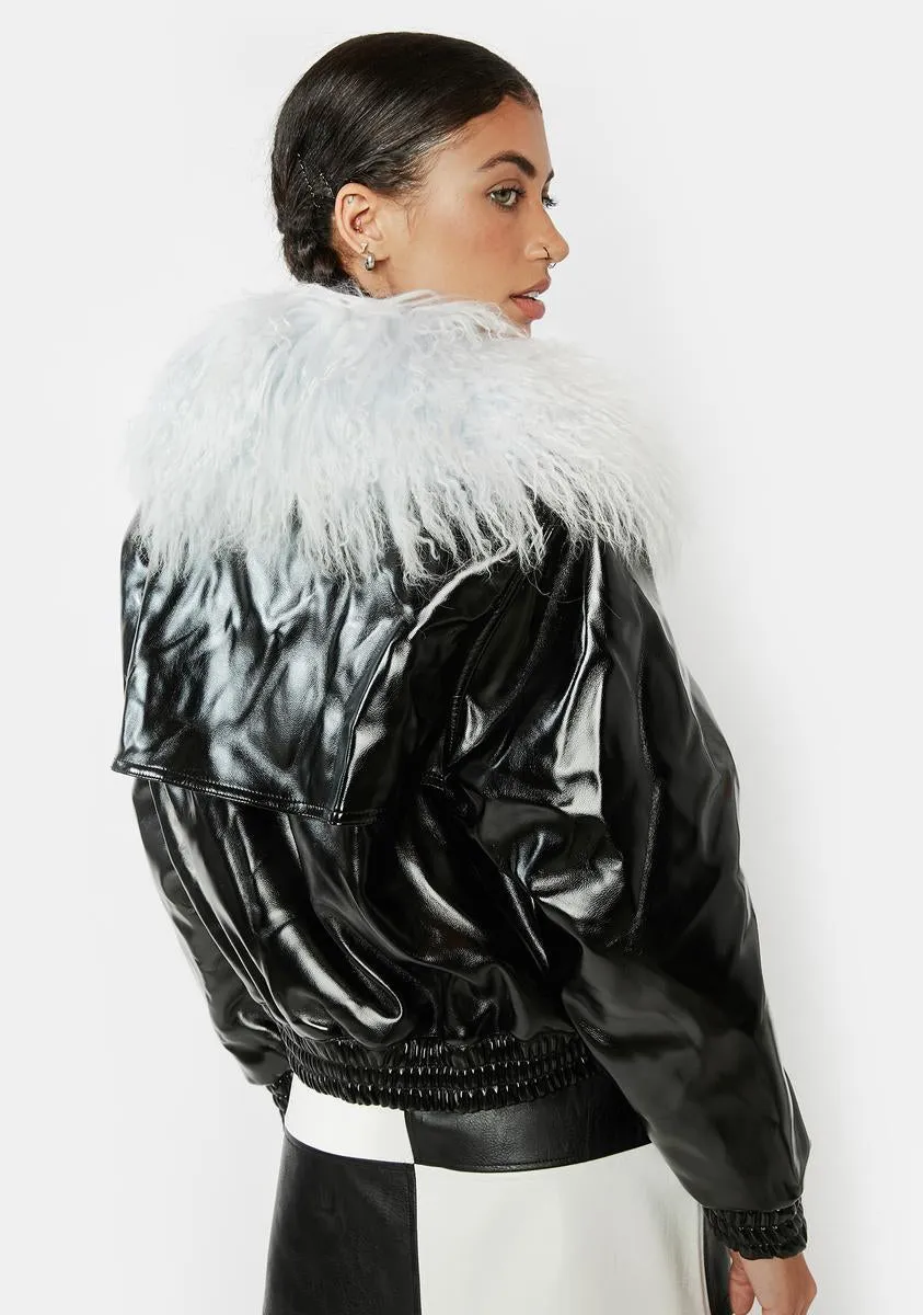 Blue Mongolian Fur Collar Leather Bomber Jacket