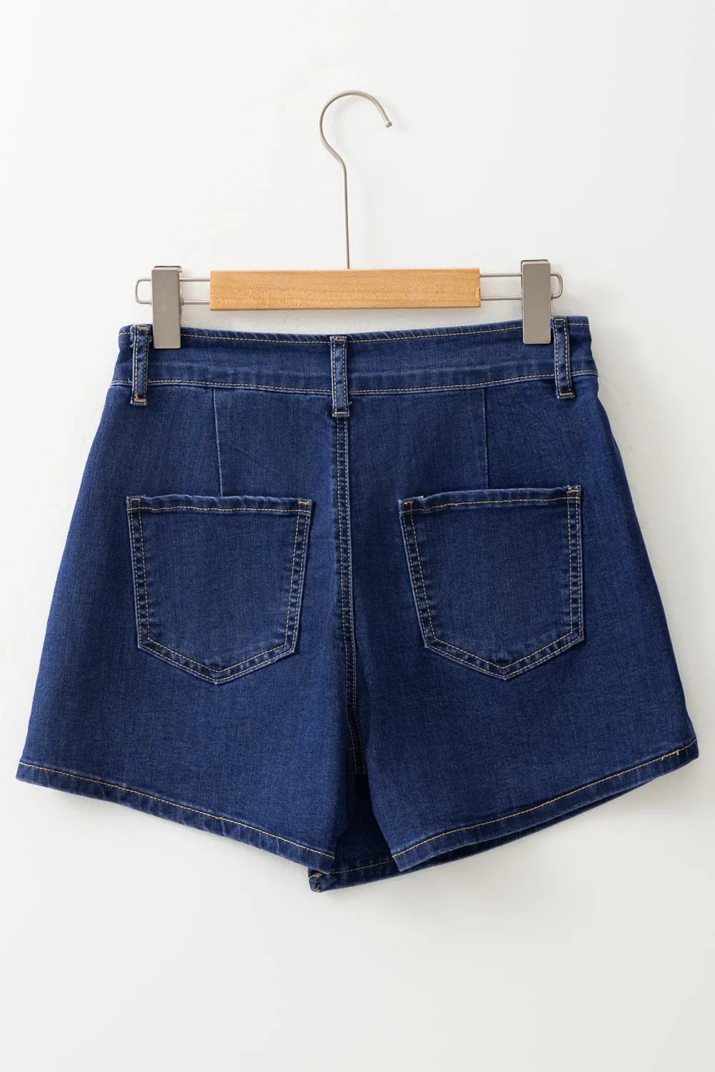 Bluing Asymmetric Wrapped Buttoned High Waist Denim Shorts