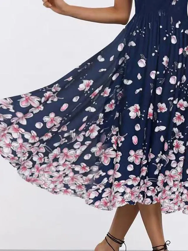Casual Dress Swing Dress Midi Dress Navy Blue Sleeveless Floral Print Spring Summer Crew Neck Elegant  S M L XL XXL for Women