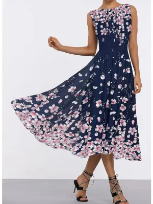 Casual Dress Swing Dress Midi Dress Navy Blue Sleeveless Floral Print Spring Summer Crew Neck Elegant  S M L XL XXL for Women