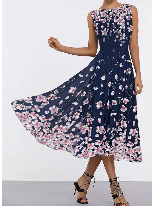 Casual Dress Swing Dress Midi Dress Navy Blue Sleeveless Floral Print Spring Summer Crew Neck Elegant  S M L XL XXL for Women