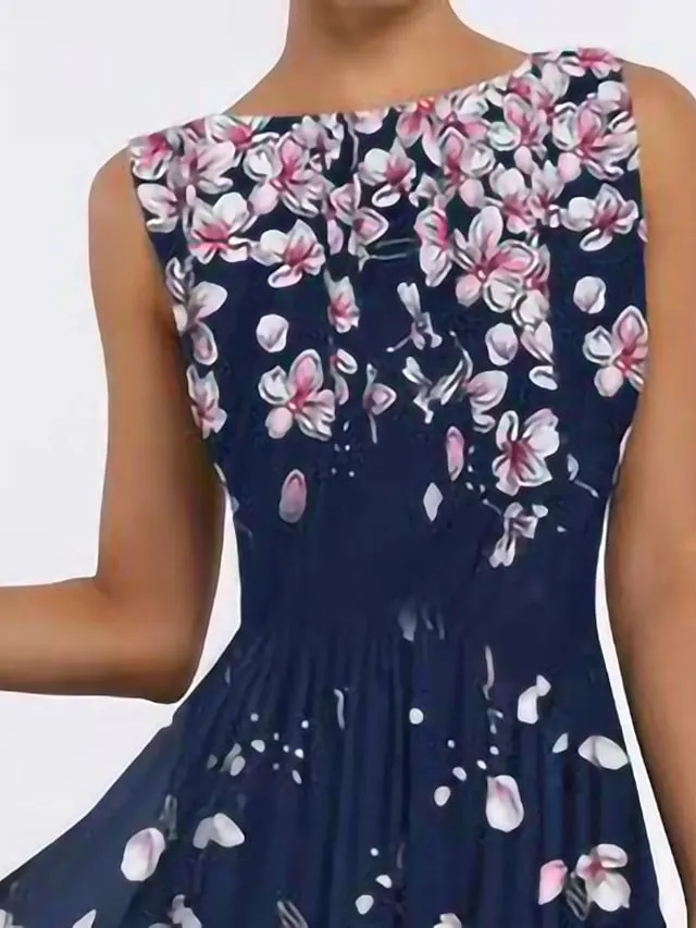 Casual Dress Swing Dress Midi Dress Navy Blue Sleeveless Floral Print Spring Summer Crew Neck Elegant  S M L XL XXL for Women