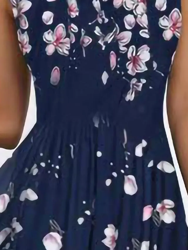 Casual Dress Swing Dress Midi Dress Navy Blue Sleeveless Floral Print Spring Summer Crew Neck Elegant  S M L XL XXL for Women