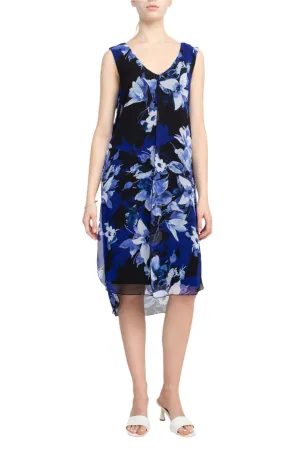 Connected Apparel V-Neck Sleeveless Floral Print Chiffon Overlay Slit Side Dress