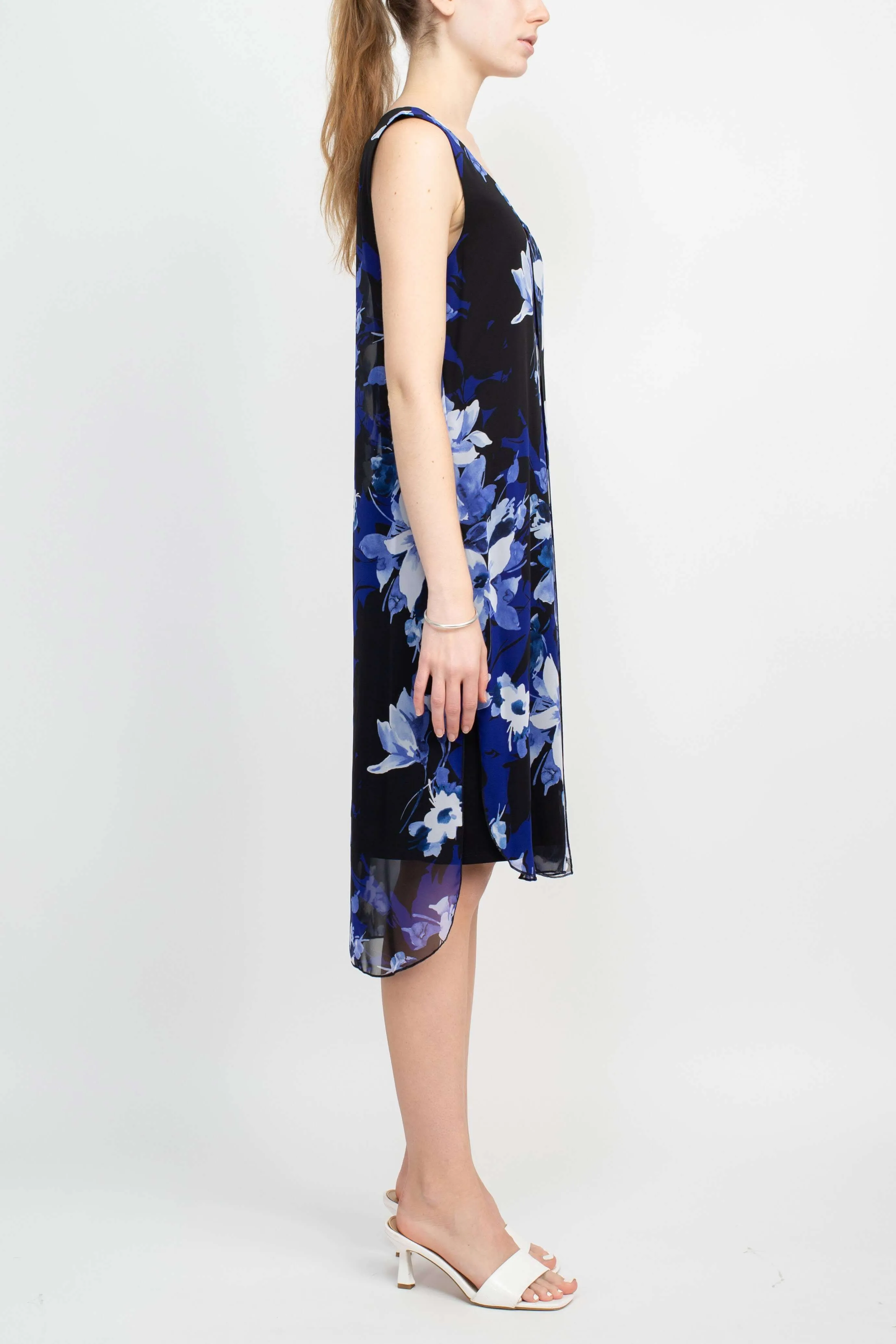 Connected Apparel V-Neck Sleeveless Floral Print Chiffon Overlay Slit Side Dress