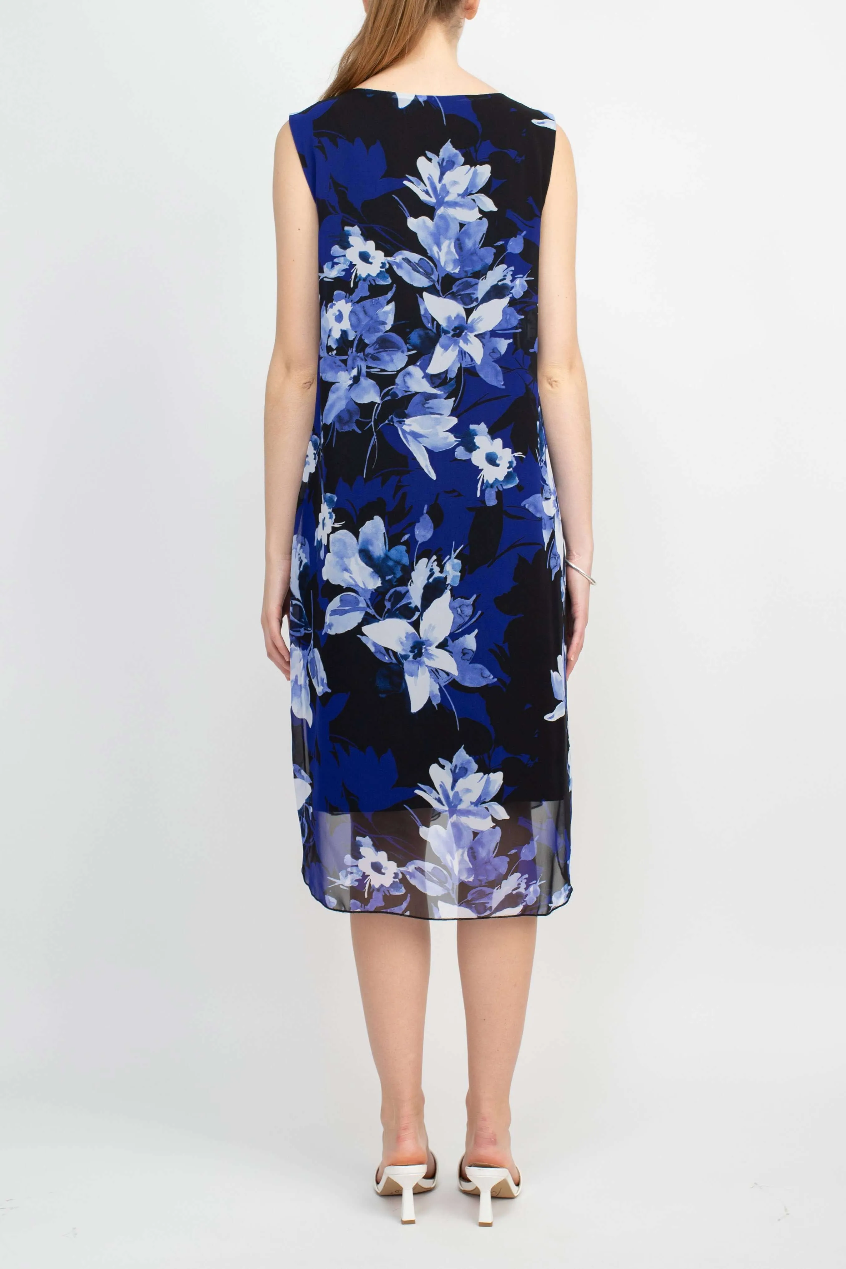 Connected Apparel V-Neck Sleeveless Floral Print Chiffon Overlay Slit Side Dress