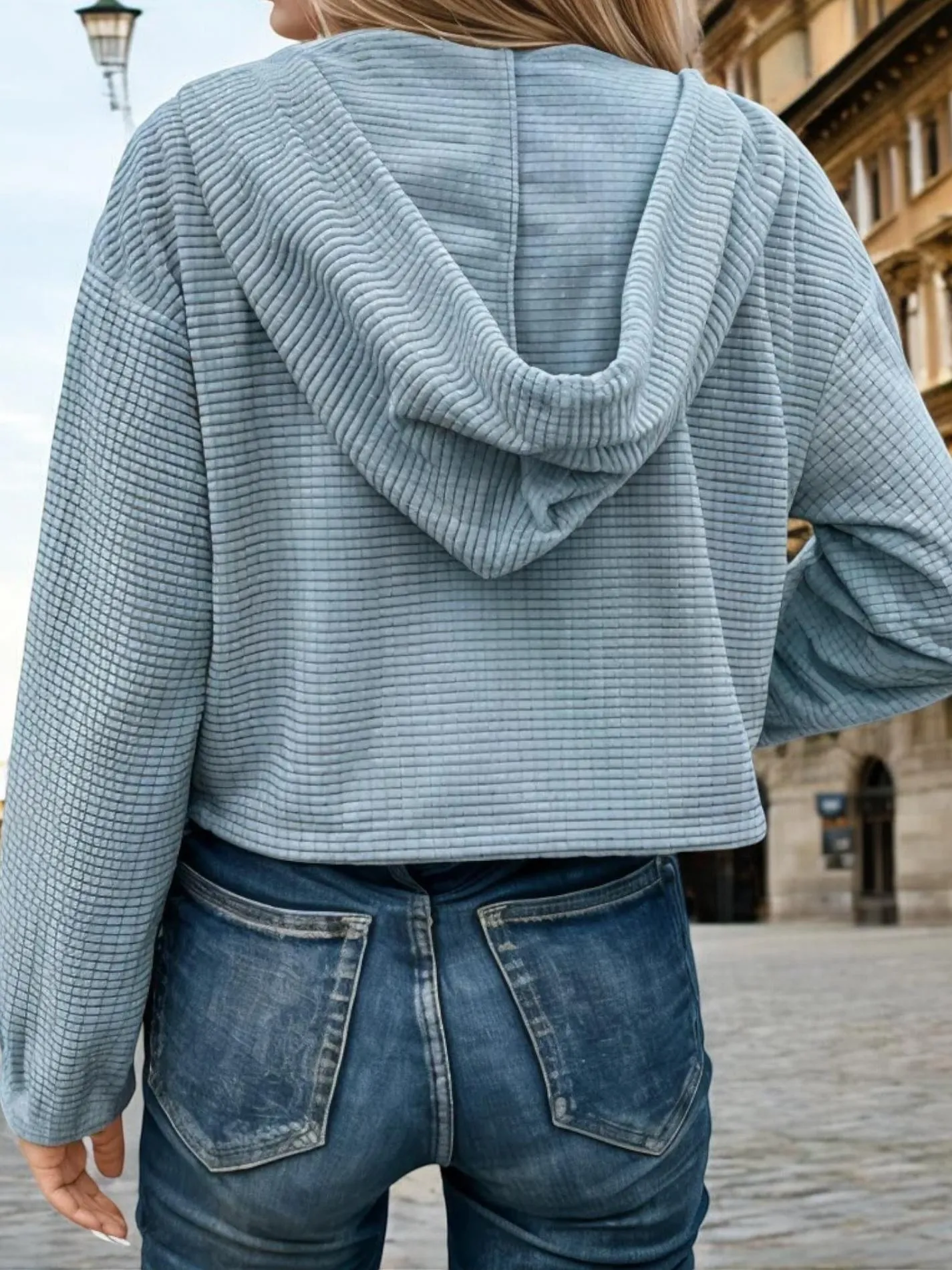 Cropped Waffle Knit Zip-Up Hoodie with Drawstring
