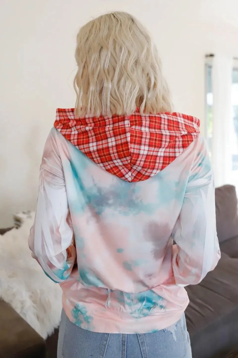 Dreamy Pastel Tie-Dye Plaid Accent Hoodie