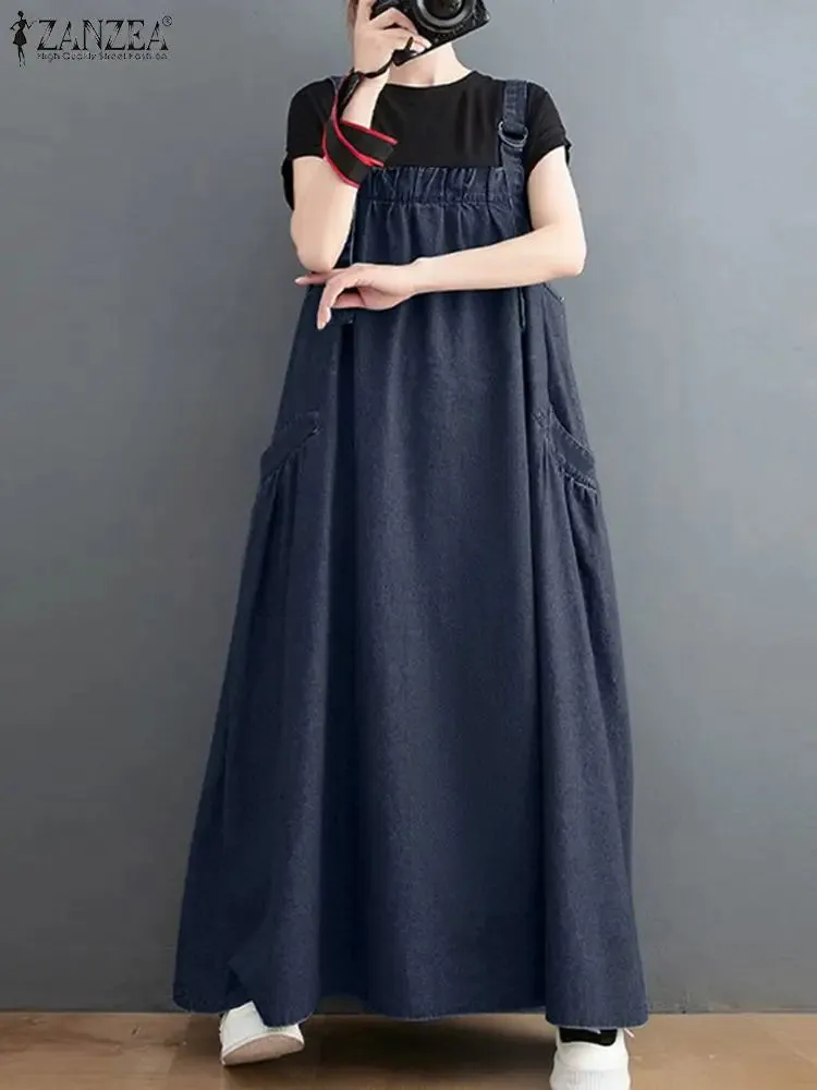 Elegant Overalls Dress Oversized Sundress Vintage Straps Solid A-line Denim