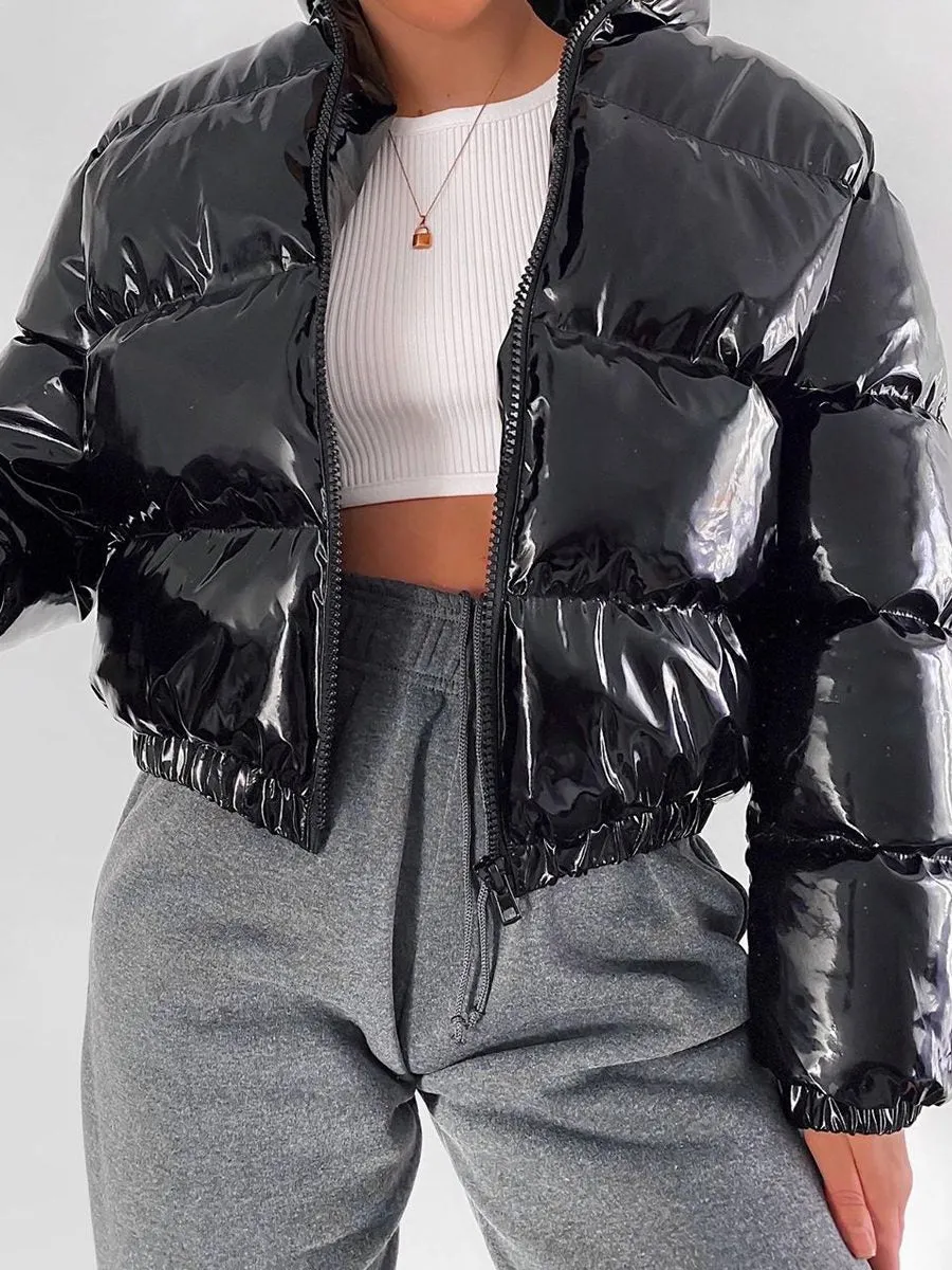Emilia PVC Leather Cropped Puffer Jacket In Black