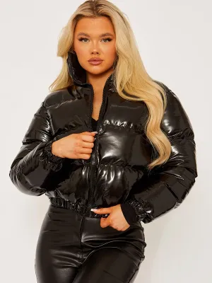 Emilia PVC Leather Cropped Puffer Jacket In Black