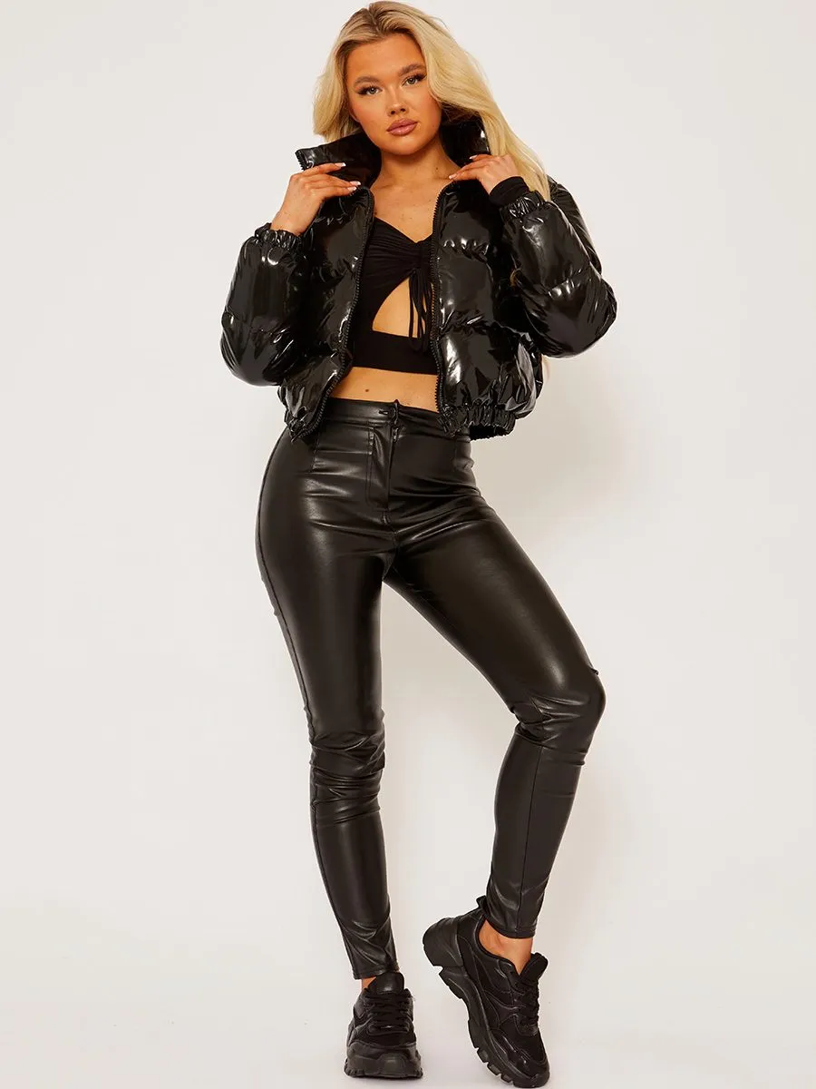 Emilia PVC Leather Cropped Puffer Jacket In Black